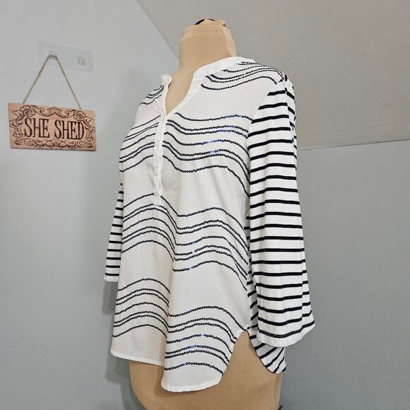 Chico's Sequin White Blue Striped Henley Pullover Top Medium Chico's 1 - Picture 4 of 11
